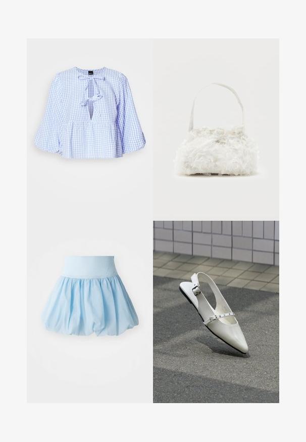Blouse en vichy bleu et blanc avec de longues manches évasées, un lien à l'encolure et un ourlet peplum froncé. Tissu léger, design décontracté.; Jupe bouffante bleu clair avec une large ceinture élastique. Fabriquée en tissu doux et léger avec un design fluide et froncé.; Chaussure plate slingback blanche pointue avec deux boucles argentées, présentée en extérieur sur un sol texturé et un mur carrelé en arrière-plan.; Petit sac à main blanc orné de roses en tissu recouvrant le corps et d'une fine anse unique, sur un fond uni.
