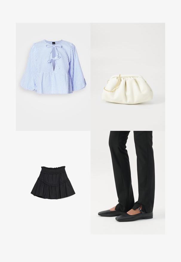 Sinine ja valge ruuduline blousee pikkade kellukesevarrukatega, lipsuga kaeluses ja volangiga peplum äärega. Kergekangas, juhuslik disain.; Must muströöpidega must mini seelik, mis on valmistatud pehmest kangast ripsmete aktsentidega vöö kohal ja hemmi ääres, omades laienevat disaini ja elastset vööd.; Jalad, mis kannavad mustaid kitsaid pükse esiosal lõhikutega allääres, kombineeritud mustade lameda tallaga Mary Jane kingadega, millel on väike pandlakinnitusega rihm.; Valge nahast käsipadi, millel on kogutud disain, kuldne kett ja ümar kuju. Sile tekstuur pehmete voltidega ja ilma mustriteta.