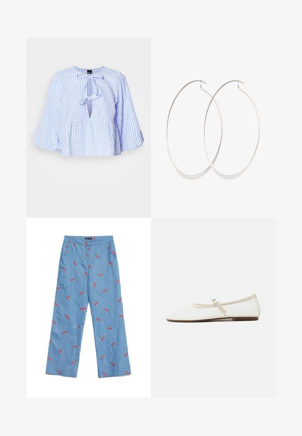 Modrá a biela blúzka s gingham vzorom, dlhými zvonovými rukávmi, viazaním pri výstrihu a nazhŕňaným peplum lemom. Ľahký materiál, neformálny dizajn.; Svetlomodré džínsy s červenou výšivkou čerešní po celej dĺžke, široký strih nohavíc a plochý pás s vreckami.; Biela Mary Jane balerína s ostrou špičkou, tenkým nastaviteľným remienkom so striebornou prackou a hnedou podrážkou na bielom pozadí.; Strieborné kruhové náušnice s tenkým, hladkým dizajnom; predĺžený oválny tvar; lesklý povrch; majú bezpečné uzatváranie na háčik.
