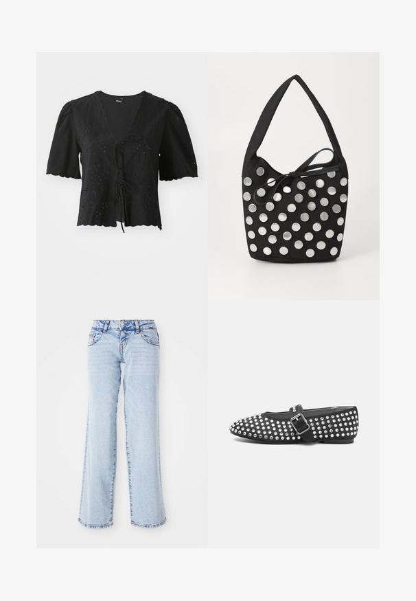Blouse noire à manches courtes en tissu léger, ornée de broderies florales, avec un décolleté en V et une fermeture à lacer à l'avant. Ourlet à pointes.; Jean en denim bleu clair avec une coupe décontractée, jambes droites et décoloration subtile. Comprend cinq poches et passants de ceinture. Détail d'ourlet effilé.; Chaussure plate noire à bout arrondi, dotée d'un design studded avec des accents métalliques et d'une sangle à boucle sur le cou-de-pied.; Sac à main en tissu noir, de forme arrondie, orné de clous métalliques ronds en argent disposés en motif, et d'un accent en tissu noué.