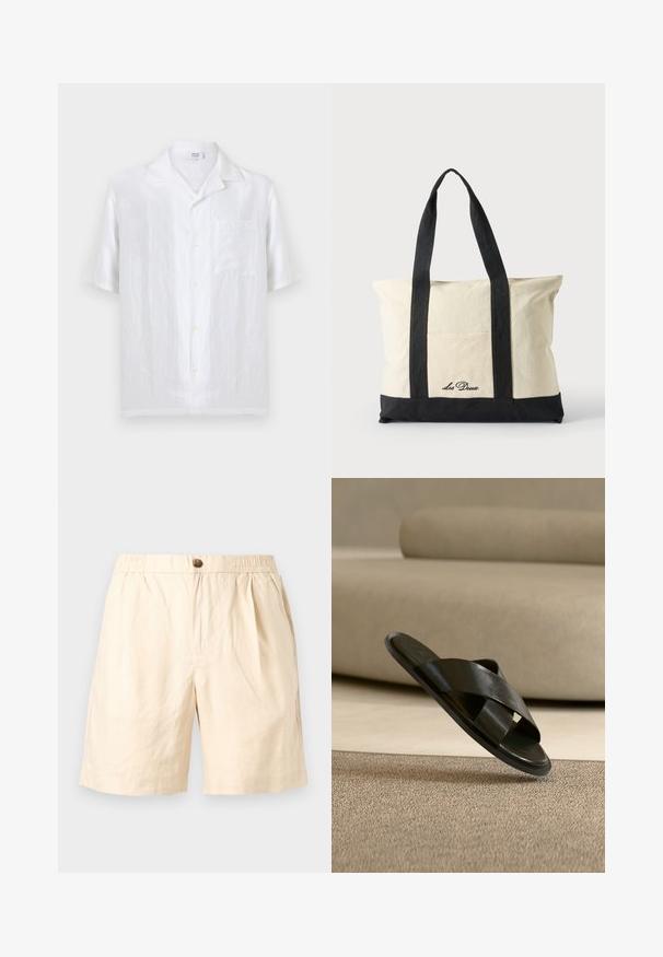 Chemise blanche à manches courtes avec boutons, col camp et poche poitrine, fabriquée en tissu léger en lin.; Shorts décontractés beiges avec taille élastique, fermeture à bouton unique, poches latérales et coupe ample adaptée aux temps chauds.; Sandale noire en cuir à enfiler avec des brides croisées flottant au-dessus d’un tapis beige texturé dans une pièce aux tons neutres avec un canapé en arrière-plan.; Sac fourre-tout en toile avec longues anses noires, bordure noire en bas et poche avant avec logo "Les Deux" en écriture noire.