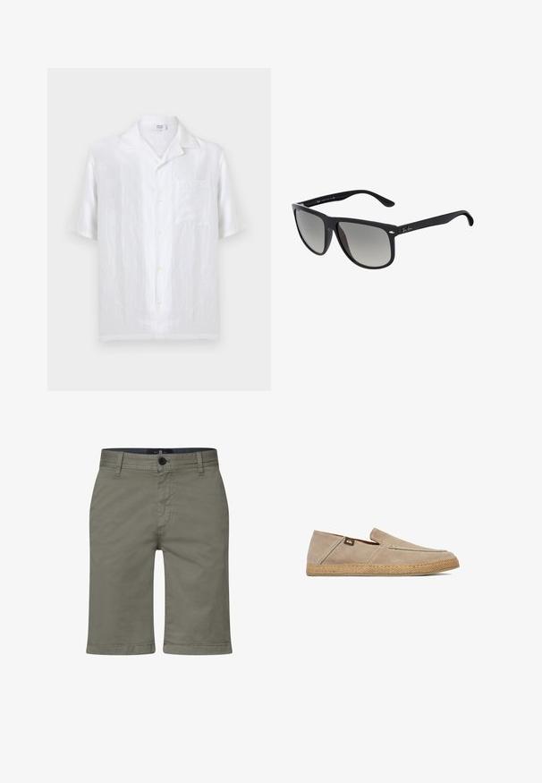 Hvid kortærmet skjorte med knapper, camp-krave og brystlomme, lavet af let hørstof.; Khaki shorts lavet af en blød bomuldsblanding, med lynlås og knaplukning samt forlommer. Lige ben-design, knælængde pasform.; Beige slip-on sko med ruskindsoverdel og tekstureret vævet sål, med lille stoflogo tag på siden nær hælen.; Sorte plastik solbriller med gradientlinser. Firkantet form med afrundede kanter, prydet med sølv metalaccenter og en tekstureret inderside på stængerne.