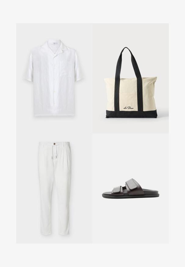 White short-sleeve button-up shirt with camp collar and chest pocket, made from lightweight linen fabric.; White tailored pants with front pleats, a brown button, and a drawstring waist, displayed on a plain background.; Dark brown slide sandal with two wide adjustable Velcro straps and a black sole, shown from a side view on white background.; Canvas tote bag with long black handles, black bottom trim, and front pocket with "Les Deux" logo in black script.