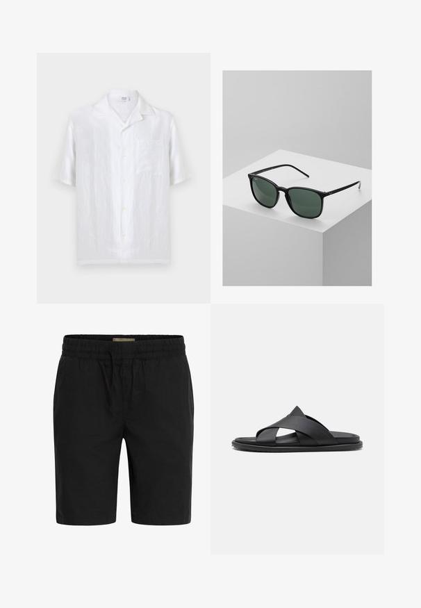 Chemise blanche à manches courtes avec boutons, col camp et poche poitrine, fabriquée en tissu léger en lin.; Shorts noirs en tissu léger, dotés d'une taille élastique avec cordon de serrage et de poches latérales pour plus de commodité.; Stuart Weitzman BERKLEY - Mules - black; Lunettes de soleil rectangulaires noires avec des verres vert foncé, dotées d'une monture en plastique léger et d'accents argentés sur les branches.