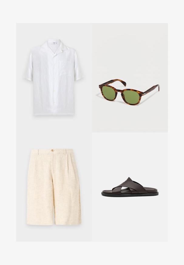 Camisa blanca de manga corta con botones, cuello camp y bolsillo en el pecho, hecha de tela ligera de lino.; Pantalones cortos beige ajustados, hechos de tela texturizada, con pliegues delanteros, cierre de botón y un diseño de pierna recta.; Stuart Weitzman BERKLEY - Sandalias planas - espresso; Gafas de sol de montura carey con lentes verdes redondeados, descansando sobre una superficie blanca.