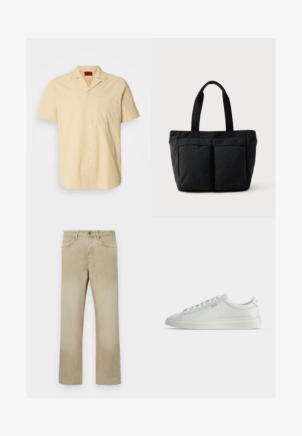Kurzärmliges, hellgelbes Hemd aus strukturiertem Stoff. Mit einem Kentkragen und einer Brusttasche ausgestattet, sowie weißen Knöpfen.; Beige Baumwollhosen mit geradem Bein, ausgestattet mit Fronttaschen und klassischem Knopfverschluss. Glatte Textur mit subtilen Ausbleichungen.; Weißer Leder-Sneaker in niedriger Ausführung mit Schnürsenkeln, flacher Sohle und kleinem goldfarbenem "BOSS" Logo an der Seite, von der Außenseite betrachtet.; Schwarze Tragetasche aus weichem Stoff, mit zwei vorderen Taschen und stabilen Tragegriffen. Logo an der Seite angebracht. Einfaches, funktionales Design.