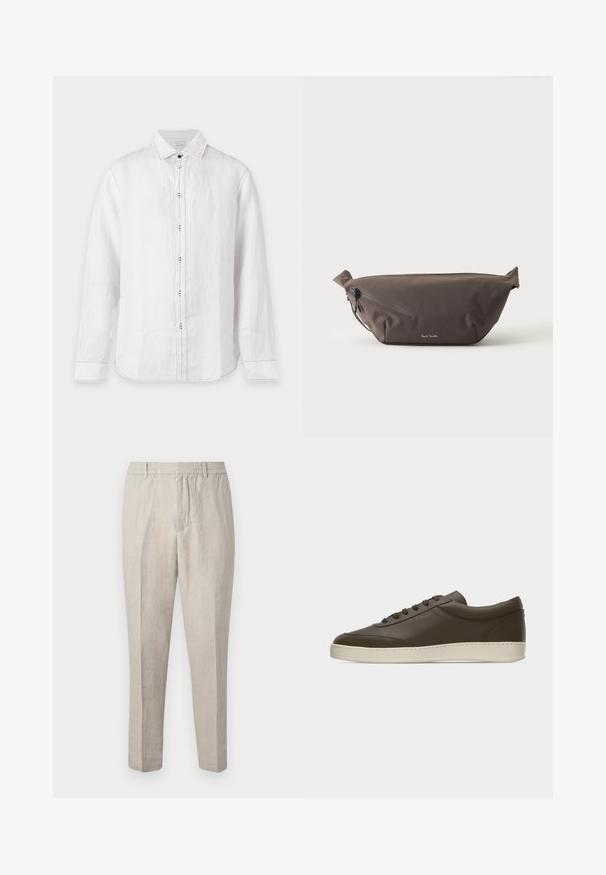 Chemise blanche à manches longues avec boutons, col pointu et coutures noires visibles le long de la patte de boutonnage et des poignets.; Pantalons en lin beige clair avec une coupe décontractée, dotés d'une taille à cordon, de jambes fuselées et d'une texture subtile sur l'ensemble du tissu.; Baskets basses en cuir marron foncé avec lacets sur le devant et semelle en caoutchouc couleur crème, vues de côté extérieur sur fond blanc.; Sac banane en tissu marron foncé avec poche zippée en diagonale et petit logo blanc sur le devant, sur un fond clair uni.