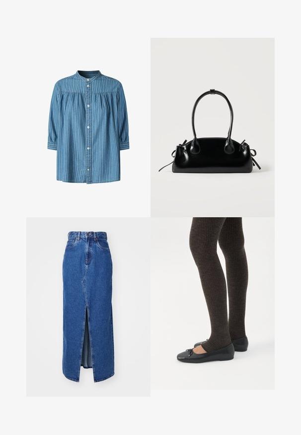 Blauwe denim blouse met verticale witte strepen, geplooide yoke, knoopsluiting aan de voorkant, mandarijnkraag en driekwartmouwen met knoopmanchetten.; Denim maxi rok in medium blauw met een voorste split, hoge taille en klassiek vijf-pocket ontwerp. Geweldige contraststiksels en een ritsluiting.; Benen met donkere geribbelde leggings gecombineerd met zwarte ballerina's met kleine strikdetails op een witte achtergrond.; Kleine zwarte glanzende handtas met twee lange hengsels en zijkant trekkoord details op een effen lichte achtergrond.