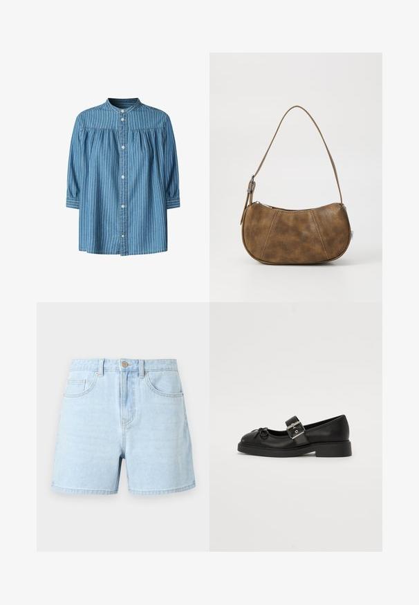 Blå denimbluse med lodrette hvide striber, samlet bærestykke, knaplukning foran, mandarinkrave og trekvartlange ærmer med knapmanchetter.; Lyseblå denimshorts med knap foran, bæltestropper og to forlommer på ens farvet baggrund.; Sort læder Mary Jane-sko med rund tå, ankelrem og sølv spænde detalje. Har en flad, chunky sål og en sløjfe akcent.; Brun faux læder skuldertaske med en buet form, en enkelt strop, kontrasterende syninger og en lynlåslukning langs den øverste kant.