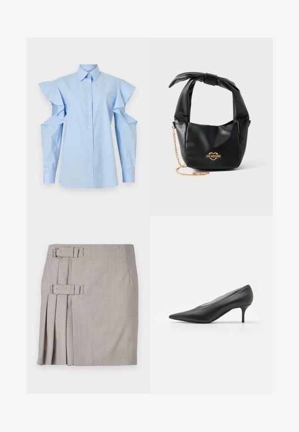 Lyseblå bluse med knapper, spids krave og lange ærmer med udskårne skuldre og flæsedetaljer.; Grå nederdel med struktureret stof, sidelæg og to spænde detaljer for justerbar pasform. Klassisk lige form, knælængde design.; Sorte spidse højhælede sko lavet af glat læder. Har en slank hæl og et minimalistisk design uden synlige udsmykninger.; Sort blød læder Love Moschino håndtaske med knyttet håndtag og guldkæde-strop på hvid baggrund.