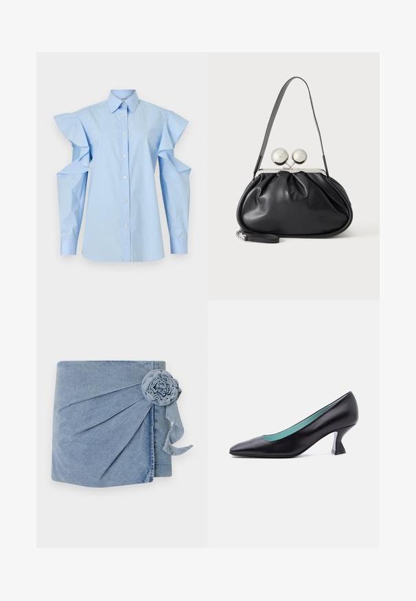 Lyseblå bluse med knapper, spids krave og lange ærmer med udskårne skuldre og flæsedetaljer.; Denimindpakning med en lys blå nuance, intrikate plisseringer og en dekorativ blomst med et svævende bånd. Blød tekstur og afslappet design.; Sort læder pumps med spids tå, lav unikt formet blokhæl og lyseblåt indre for, vist mod en ensfarvet hvid baggrund.; Sort læderhåndtaske med opsamlet design, en enkelt rem, sølv metalramme og to store runde sølv lukninger.