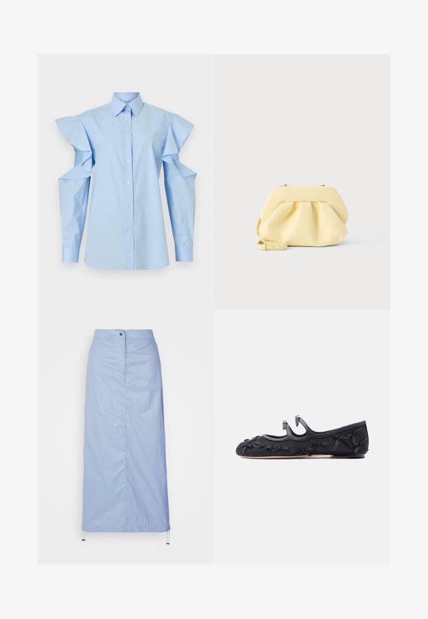 Lyseblå bluse med knapper, spids krave og lange ærmer med udskårne skuldre og flæsedetaljer.; Lyseblå, mellemlang nederdel lavet af glat, let materiale med lige snit, har en frontknaplukning og en justerbar kant.; Sort flad sko med tre remme og flere små dekorative sløjfer langs siderne, tåen og hælen, vist i profil.; Blød gul læderclutch med samlet design og aftagelig rem, sat mod en ensartet lys baggrund.
