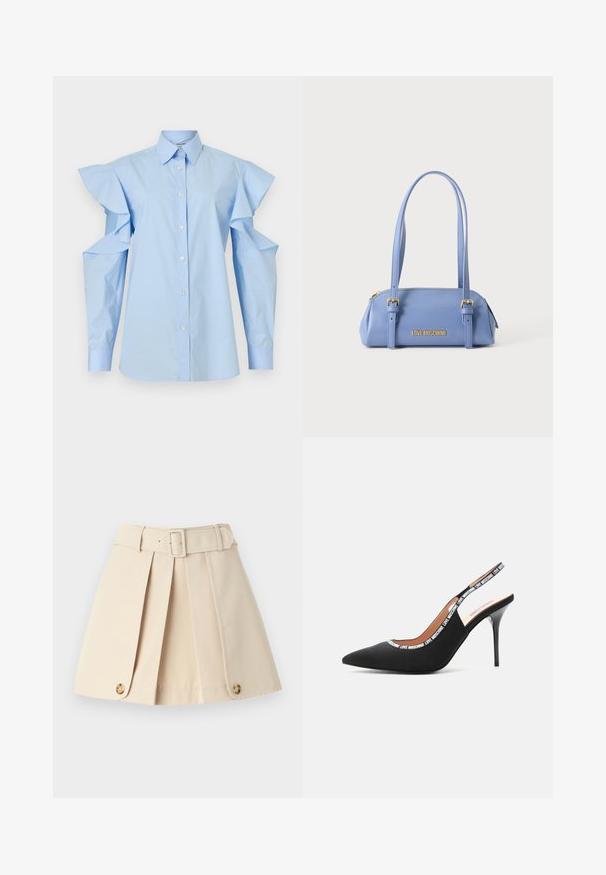 Chemisier bleu clair à boutons, col pointu et manches longues avec épaules découpées et détails à volants.; Jupe plissée beige avec une taille ajustée, de larges passants de ceinture et des accents de boutons au bas. Fabriquée en tissu léger et lisse.; Love Moschino LOGO TAPE - Escarpins à talons hauts - black; Sac à main rectangulaire bleu clair avec deux longues bandoulières, boucles dorées, une fermeture éclair supérieure et logo "LOVE MOSCHINO" en lettres dorées à l'avant.