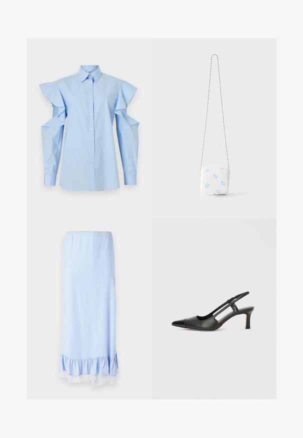 Blusa azul claro abotonada, con cuello puntiagudo y mangas largas que presentan hombros descubiertos y detalles de volantes.; Falda de satén azul claro con un dobladillo con volantes, que presenta un cinturón de encaje blanco y sutiles patrones florales en toda la tela. Cintura elástica.; Zapato slingback de cuero negro con punta afilada, con un acento brillante en la puntera y un tacón de altura media. Diseño con lateral abierto.; Bolso pequeño blanco con símbolos de género masculino en azul, borde inferior festoneado y una correa de cadena delgada sobre fondo liso.