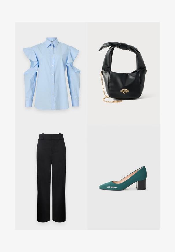 Hellblaue Bluse mit Knopfleiste, spitzem Kragen und langen Ärmeln, die ausgeschnittene Schultern und Rüschen-Details aufweisen.; Schwarze, hochtaillierte, gerade geschnittene Hose mit breiten Gürtelschlaufen und verdecktem Vorderreißverschluss vor hellem Hintergrund.; Grüner Stoff High Heel Schuh mit spitzem Zeh, einem klobigen schwarzen Absatz und "LOVE MOSCHINO" in Weiß auf der Seite bedruckt.; Schwarze weiche Lederhandtasche von Love Moschino mit geknotetem Griff und goldenem Kettenriemen auf weißem Hintergrund.