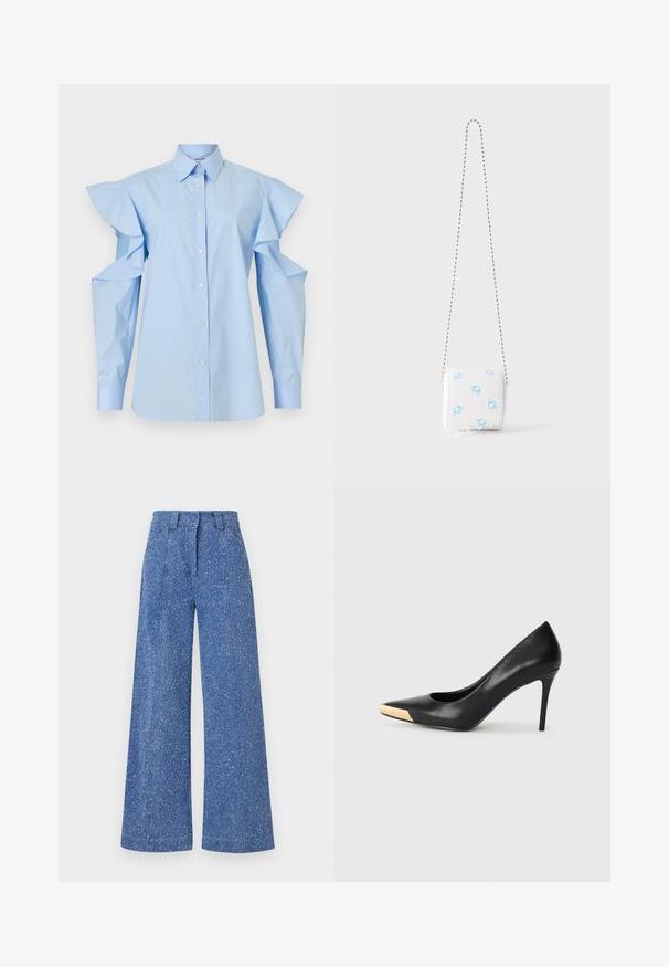 Lichtblauw blouse met knoopsluiting, puntige kraag en lange mouwen met uitgesneden schouders en ruchesdetails.; Hoge taille, wijde blauwe denim jeans met een gebleekt gespikkeld patroon, met knoop- en ritssluiting aan de voorkant en riemlussen.; Zwarte leren hoge hak pump met een spitse neus; heeft een metallic gouden accent op de neuskap. Glad oppervlak met een stijlvolle vormgeving.; Witte kleine portemonnee met blauwe mannelijke geslachtssymbolen, gekartelde onderrand en een dunne kettingriem op een effen achtergrond.