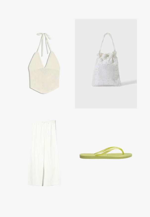 Cremefarbenes, gestricktes Neckholder-Top mit tiefem V-Ausschnitt und Bindeband im Nacken, mit Lochmuster im unteren Bereich.; Weiße Leinenhose mit weitem Bein, elastischem Bund und Kordelzug, ausgestattet mit Seitentaschen und einem vorderen Schlitz.; Limegrüne Flip-Flops mit gerippter Sohle, dünnen Riemen und strukturiertem Fußbett. Hergestellt aus Gummi, verfügt über ein minimalistisches Design und eine glatte Oberfläche.; Weiße Stofftasche mit Spitzenblumenstickerei und einem gerafften oberen Griff, gezeigt vor einem schlichten hellen Hintergrund.