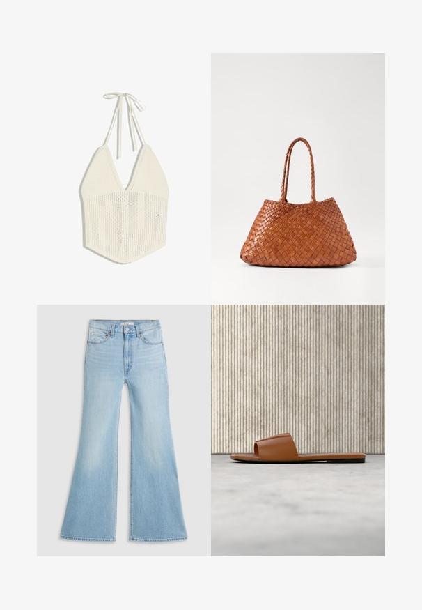Cremefarbenes, gestricktes Neckholder-Top mit tiefem V-Ausschnitt und Bindeband im Nacken, mit Lochmuster im unteren Bereich.; Helle blaue Schlagjeans mit hoher Taille, aus Denim gefertigt. Sie verfügen über ein klassisches Fünf-Taschen-Design und einen rohen Saum an den Säumen.; Braune Valentino offene flache Sandale mit offenem Zehenbereich lehnt an einem runden bernsteinfarbenen Tisch auf beigem Teppich.; DRAGON DIFFUSION SANTA CROCE BIG - Handtasche - tan