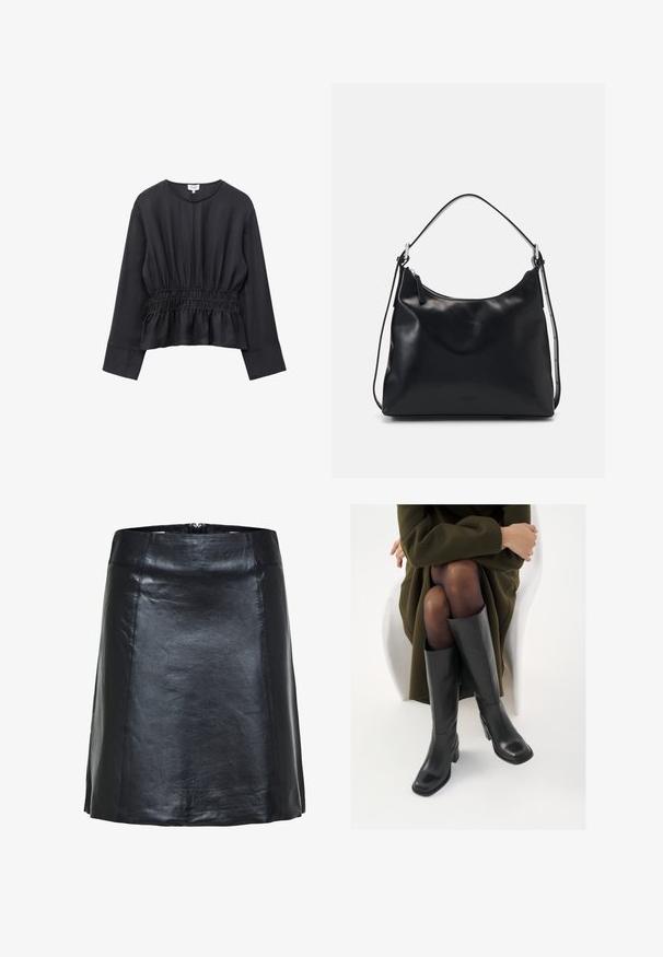 Blusa negra de manga larga con cuello redondo, cintura elástica fruncida y dobladillo ligeramente acampanado sobre fondo blanco.; Falda negra de cuero en línea A con costuras visibles y un ligero brillo, con cintura alta y bajo corto.; Botas de cuero negro hasta la rodilla con puntera cuadrada y tacón de bloque, presentadas con un modelo sentado en un abrigo verde oliva. Textura suave, mínimo detalle.; Mujer joven con cabello negro largo sentada sobre un bloque de madera, vistiendo un atuendo crema y sosteniendo un bolso de hombro de cuero negro cruzado sobre el pecho.