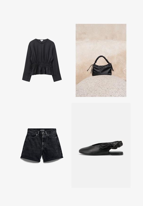 Zwarte blouse met lange mouwen, ronde hals, geraffineerde elastische taille en licht uitlopende zoom op een witte achtergrond.; Zwarte denimshorts met een hoge taille, opgerolde zomen en vijfzakkenontwerp. Voorzien van een knoopsluiting en contrasterende stiksels.; Zwarte platte damesschoen met slingback, spitse neus en geplooide elastische band bij de hiel tegen een witte achtergrond.; Zwarte gerimpelde handtas met een samengevoegde handvat, rustend op een gestructureerde stenen bol tegen een beige betonnen muur.