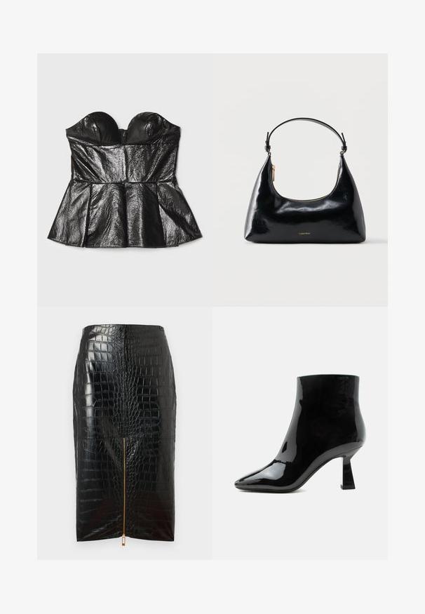 Sara Battaglia SWEETHEART - Top - black; Sort pencilskørt i faux læder med krokodillestruktur, som har en central guldlynlås og en glat overflade.; Sort blank laklæder ankelstøvle med spids tå og udvidet mellemhøj hæl på hvid baggrund.; Sort blank Calvin Klein håndtaske med gyldent lynlås og kort rem mod en ensfarvet hvid baggrund.