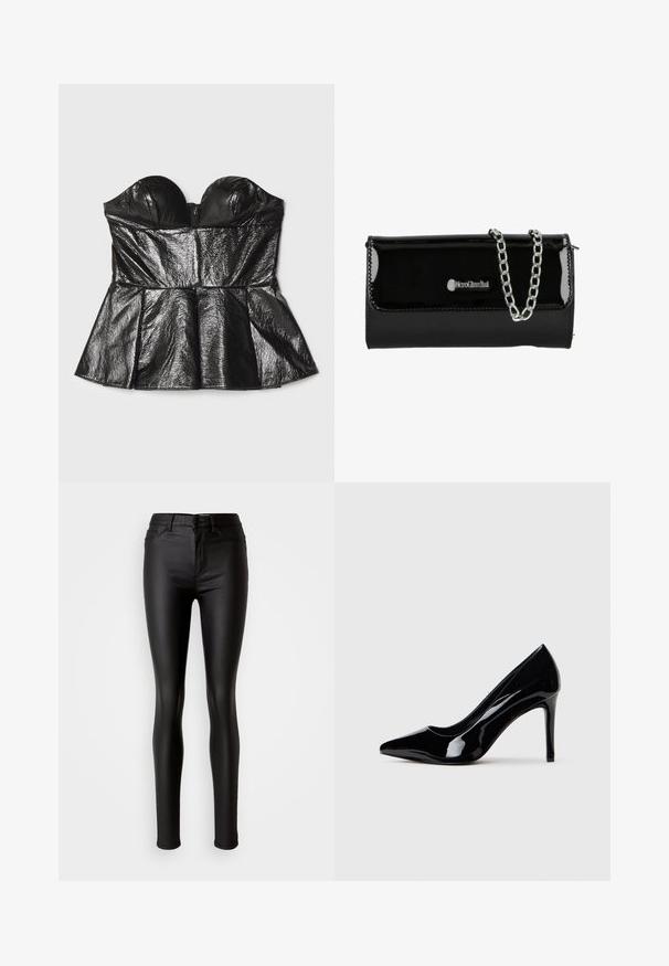 Sara Battaglia SWEETHEART - Top - black; Sorte faux læder skinny jeans med en glat overflade, høj talje, knaplukning og traditionelt fem-lomme design.; Sort patentlæder højhælet sko med spids tå, præsenteret mod en simpel hvid baggrund.; Sort patent imiteret læder clutch med en sølv kædedyse, der har en flap lukning og logo detalje på fronten. Firkantet form.
