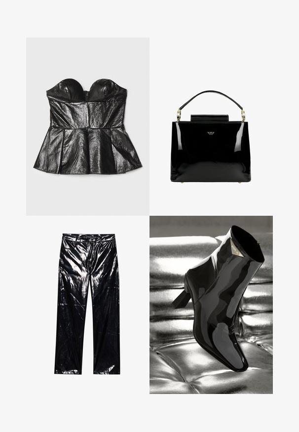 Sara Battaglia SWEETHEART - Top - black; Čierne, lesklé, umelé kožené nohavice so širokými nohavicami, klasickým dizajnom s piatimi vreckami, zapínaním na gombík a zips a lesklou textúrou.; Čierna lakovaná kožená členková obuv s špicatou špičkou a štvorcovým podpätkom. Obsahuje zlatú logovú platňu a hladký, lesklý povrch.; Čierna lakovaná kožená kabelka so štruktúrovaným dizajnom, obsahujúca hornú rukoväť, akcenty zo zlateného kovu a malý predný klapku.