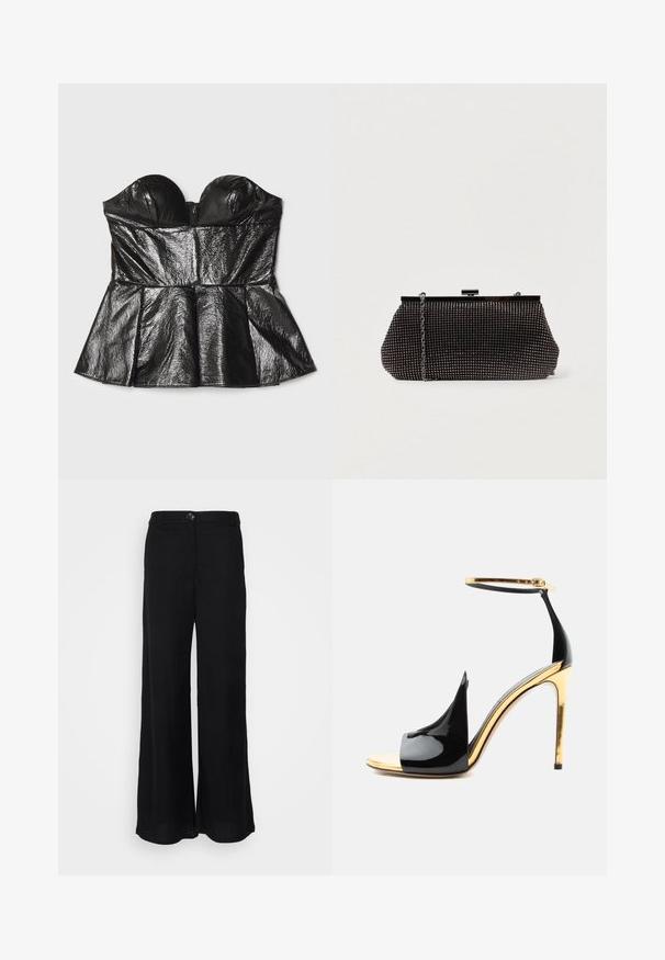 Sara Battaglia SWEETHEART - Top - black; Sorte bukser med bred ben, lavet af letvægtsstof, der har en glat tekstur, frontknaplukning og sidelommer.; Sort laklæder høje hælsandal med gyldent stiletthæl, gyldent ankremed spænde og åben tå-design.; Sort mesh clutch-taske med en struktureret silhuet, prydet med små metalstuds, har en låsemekanisme og en aftagelig kæderekke.