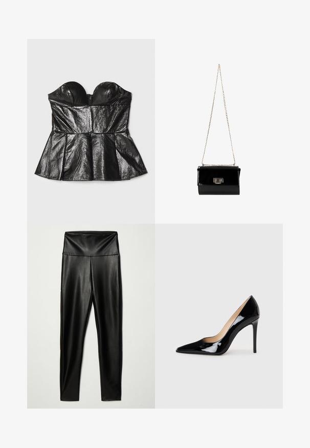 Sara Battaglia SWEETHEART - Μπλούζα - black; Μαύρο κολάν από τεχνητό δέρμα με ψηλή μέση, διαθέτοντας λεία υφή και εφαρμοστή σιλουέτα, φτάνοντας μέχρι τον αστράγαλο.; Μαύρη παπούτσια γόβες από πατεντέ δέρμα με σχέδιο σε μυτερή μύτη και κομψό σιλουέτα. Διαθέτει λείο, γυαλιστερό φινίρισμα και λεπτό τακούνι στιλέτο.; Μαύρη λουστρινένια τσάντα χειρός με χρυσή αλυσίδα, ορθογώνιο σχήμα, που διαθέτει κλείσιμο με καπάκι μπροστά και μεταλλικό λογότυπο.