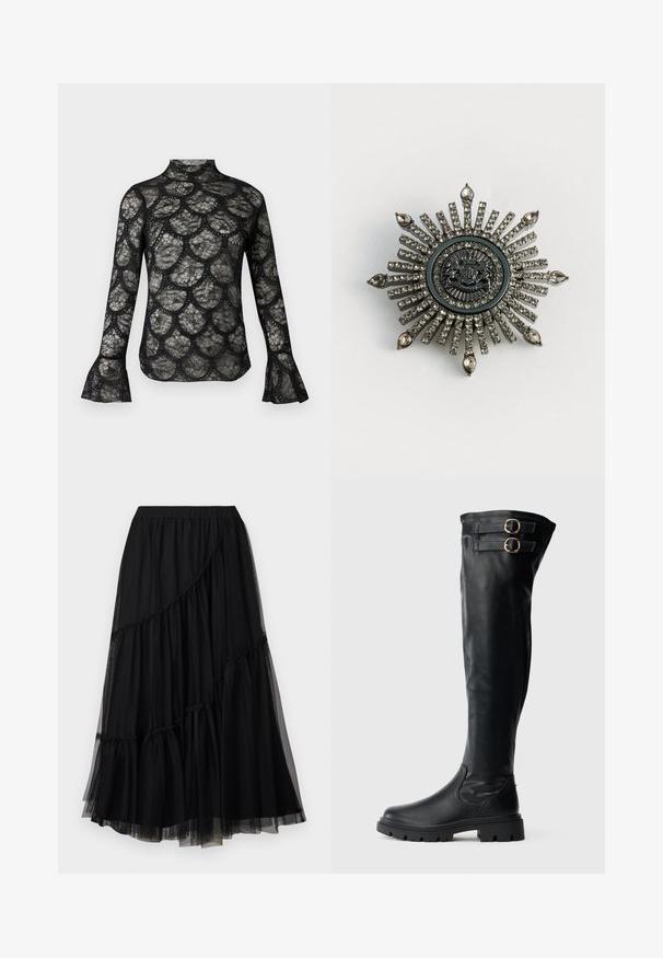 Haut en dentelle noire avec col montant et manches longues évasées, présentant un motif festonné sur tout le tissu.; TWINSET SKIRT - Jupe trapèze - nero; Bottes noires montantes au-dessus du genou en cuir lisse. Elles présentent deux boucles métalliques, une semelle en caoutchouc épaisse et un design élégant.; Broche en forme d'étoile en métal argenté avec des strass clairs. Le design central présente un emblème circulaire avec des détails délicats.