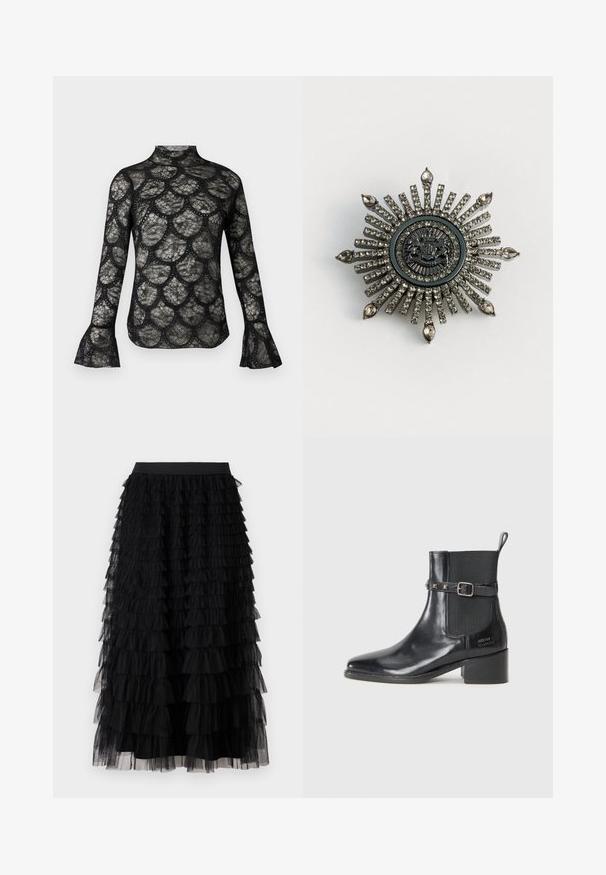 Zwart kanten top met een hoge kraag en uitlopende lange mouwen, met een geschulpte patroon in de hele stof.; Vero Moda VMNAJA Mid waist Long - Maxirok - black; Zwarte leren enkelboot met een spitse neus, elastische zijpanelen en een decoratieve gespsluiting met studs. Blokhak ontwerp.; Stervormige broche van zilverkleurig metaal met transparante rhinestones. Het centrale ontwerp heeft een ronde embleem met complexe details.