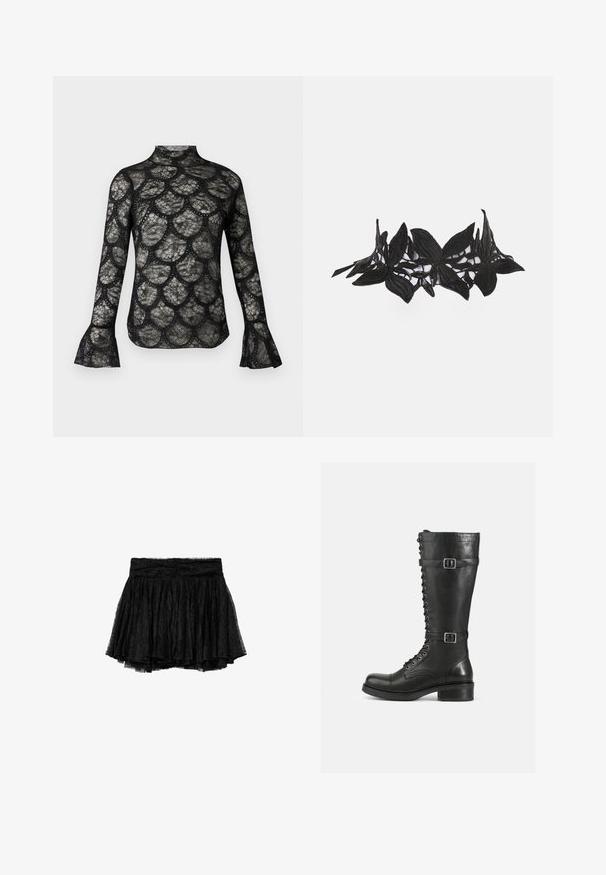Haut en dentelle noire avec col montant et manches longues évasées, présentant un motif festonné sur tout le tissu.; Jupe en dentelle noire avec un design plissé, dotée d'une taille ajustée et d'une doublure en tulle superposée pour plus de volume et de texture.; Bottes hautes en cuir noir avec un laçage sur le devant, des boucles sur le côté, une texture lisse, un bout arrondi et un talon bas solide.; Bluebella Collier - Black