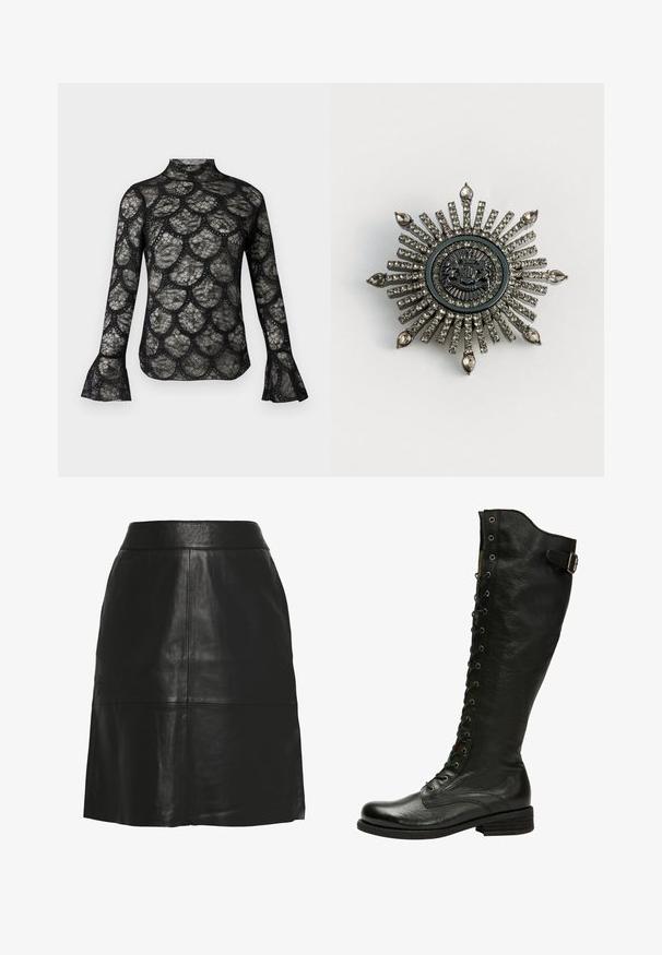 Haut en dentelle noire avec col montant et manches longues évasées, présentant un motif festonné sur tout le tissu.; Jupe trapèze en similicuir noir avec taille haute et coutures apparentes à l'avant et près de l'ourlet.; Botte en cuir noir hauteur genou avec un laçage à l'avant, œillets en métal argenté et boucle sur le côté. Présente une finition texturée et un talon empilé.; Broche en forme d'étoile en métal argenté avec des strass clairs. Le design central présente un emblème circulaire avec des détails délicats.