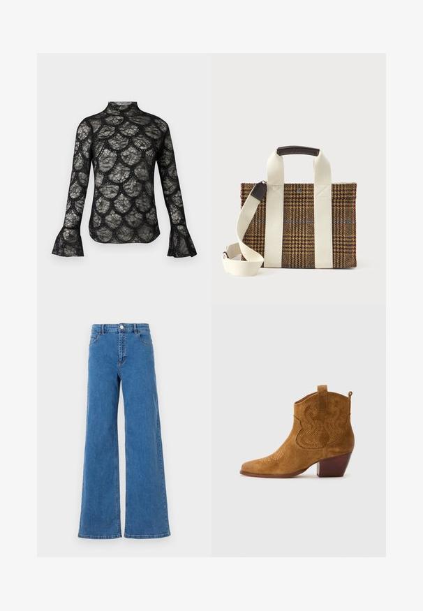 Sort blonde top med høj krave og flagrende lange ærmer, med et bølget mønster gennem hele stoffet.; Bredde ben blå denim jeans med høj talje, frontlommer og knaplukning. Stoffet har en glat tekstur og et klassisk syningsmønster.; Brune ruskinds ankel cowboystøvle med dekorativ syning, trækflapper og en stablet træblokhælfod, vist i profil på en hvid baggrund.; Rektangulær brun plaid stofpose med brede hvide lodrette stropper, kort læderhåndtag og justerbar hvid skulderrem på hvid baggrund.