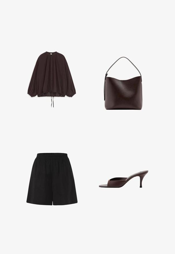 Blusa suelta de botones de color marrón oscuro con mangas largas abullonadas, puños fruncidos y dobladillo con cordón, presentada sobre fondo blanco.; Pantalones cortos de algodón negros con cinturilla elástica, con un ajuste holgado y un diseño de pierna recta. Textura suave, sin patrones o acentos adicionales.; Mule marrón oscuro con punta abierta, tacón bajo curvado y una correa ancha en la parte delantera.; Bolso de mano de cuero marrón oscuro con una única asa superior curva y una superficie lisa y sin adornos sobre un fondo blanco.