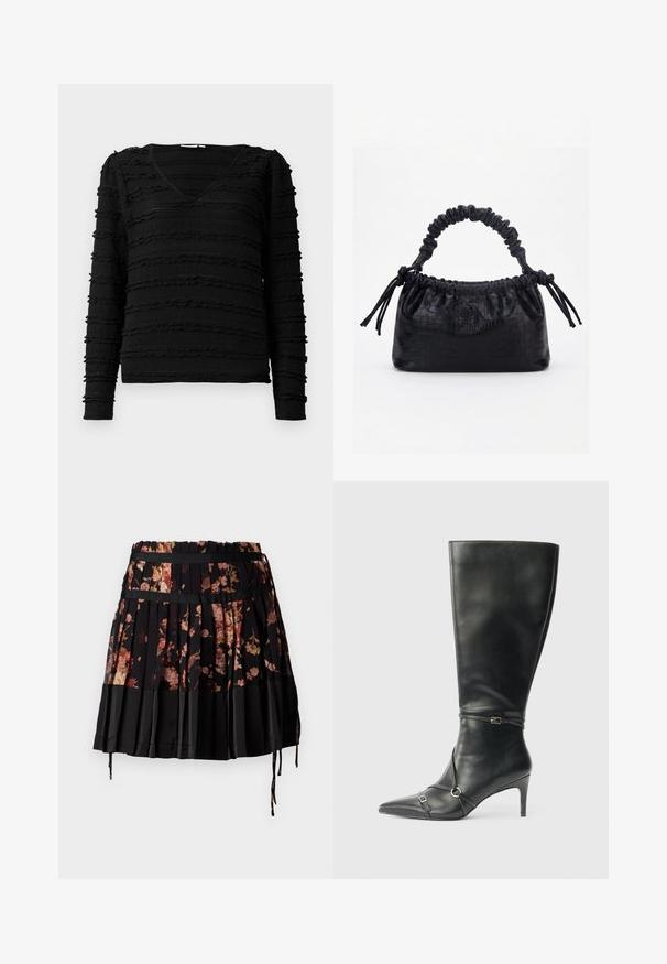 Sort bluse med lange ærmer og V-udskæring, der har teksturerede vandrette striber og en let krøllet stof for visuel detalje.; Sort plisseret nederdel med blomstermotiv i nuancer af pink og orange, med en bred talje og justerbare snore i kanten.; Sorte knæhøje støvler i læder med en slank hæl, spids tå og remdetaljer ved anklen. Glat tekstur og tætsiddende design.; Sort taske med krokodilletekstur, rynket øverste kant, samlet hank og snore med kvaster på hver side mod en hvid baggrund.