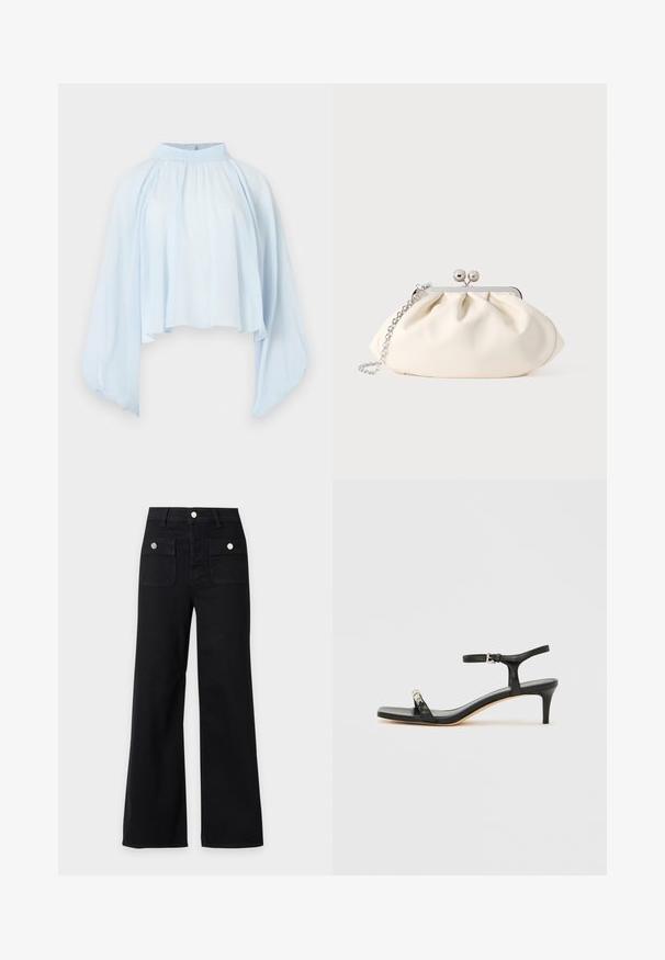 Blouse bleu clair à manches longues avec col montant, coupe ample et manches bouffantes resserrées aux poignets.; Pantalon noir à jambes larges, taille haute, deux poches avant à rabat avec boutons argentés, passants de ceinture et fermeture frontale à boutons.; Sandale noire en cuir à talon avec bride à la cheville, bout ouvert, devant carré et accent en métal argenté. Design ajusté avec un profil élégant.; Pochette en tissu crème avec un design froncé, cadre en métal argenté, deux boules décoratives, et une bandoulière chaîne argentée.
