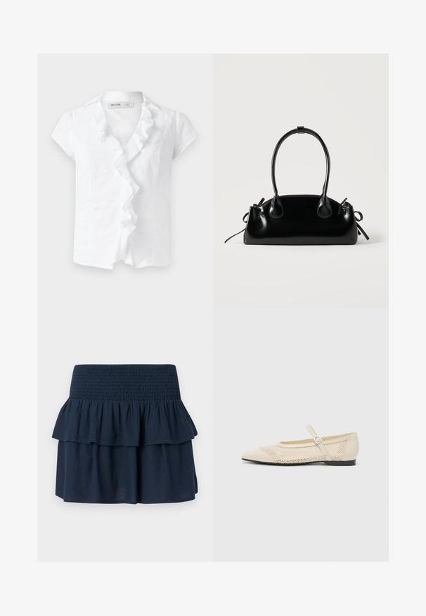 Witte blouse met korte mouwen, gerimpelde voorzoom en een kraag, met een klein maatlabel aan de binnenkant van de halslijn.; Marineblauwe minirok met brede geplooide tailleband en gelaagde ruches bovenaan.; Beige ballerina's met een spitse neus, een overlay van gaasontwerp en een zijgesp voor het vastzetten. Platte zool met een gladde textuur.; Kleine zwarte glanzende handtas met twee lange hengsels en zijkant trekkoord details op een effen lichte achtergrond.