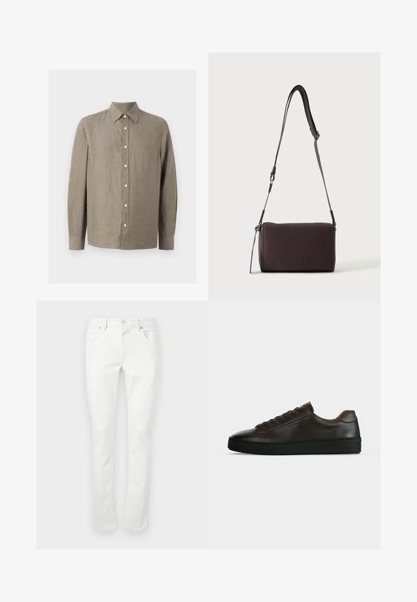 Chemise à manches longues, marron clair, boutonnée, avec col pointu et boutons blancs, en tissu de lin texturé.; Jeans en denim blanc avec une coupe droite, un design à cinq poches et une fermeture à bouton en métal. Texture lisse et détails de couture minimaux.; Baskets basses en cuir marron foncé avec semelle en caoutchouc noire, lacets à l'avant et design minimaliste épuré sur fond clair.; Sac bandoulière en cuir marron foncé texturé avec une sangle réglable et un petit accent décoratif bleu sur le côté.