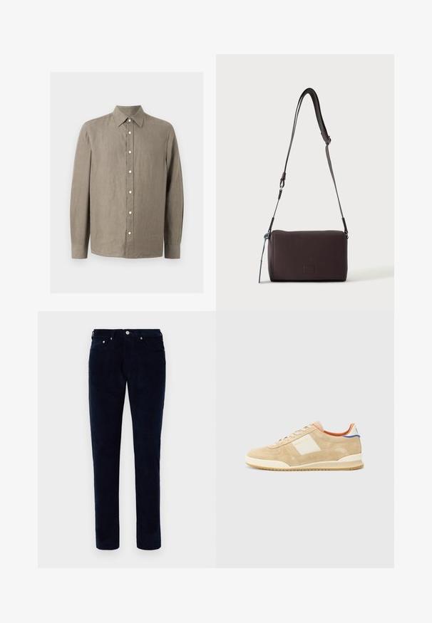 Langærmet, lysebrun skjorte med knapper, spids krave og hvide knapper, lavet af tekstureret linnedstof.; Herre slim-fit mørkeblå kordfløjspants med for- og baglommer, bæltestropper og knaplukning.; Beige ruskind sneakers med hvide accenter, rund tå, snørebåndsdesign og struktureret sål, der har et diskret logo på siden og hælen.; Mørkebrun textured læder crossbody taske med justerbar rem og lille dekorativ blå accent på siden.