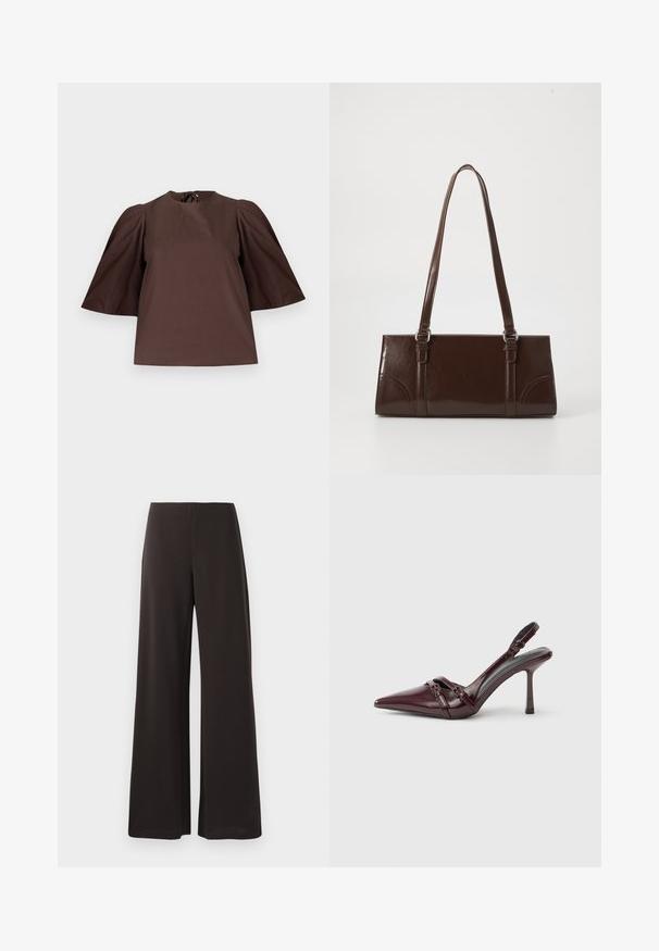 Blusa marrón con mangas cortas abullonadas y escote redondo, mostrada sobre un fondo liso de color gris claro.; Pantalones de pierna ancha negros, hechos de una tela suave y elástica. Presentan una cintura alta y un diseño limpio y minimalista sin cierres visibles.; Zapato de tacón slingback de charol burdeos con puntera puntiaguda, fina correa en el tobillo y pequeño detalle decorativo de hebilla. Textura suave y tacón alto.; Bolso de mano de piel sintética marrón con forma rectangular, dos asas largas y sutiles acentos curvados en la parte delantera.