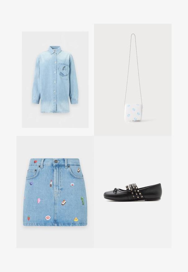 Lichtblauw denim overhemd met lange mouwen, knoopsluiting en twee overlappende borstzakken, waarvan één schuin met zwarte logotekst.; Leren mini-jurk, lichtblauw, met vijf zakken, versierd met verschillende kleurrijke patches, waaronder harten, lippen en desserts, aan de voorkant.; Zwarte platte schoen met drie gespikkelde riempjes en een klein strikje op de afgeronde neus, zij-aanzicht op een witte achtergrond.; Witte kleine portemonnee met blauwe mannelijke geslachtssymbolen, gekartelde onderrand en een dunne kettingriem op een effen achtergrond.