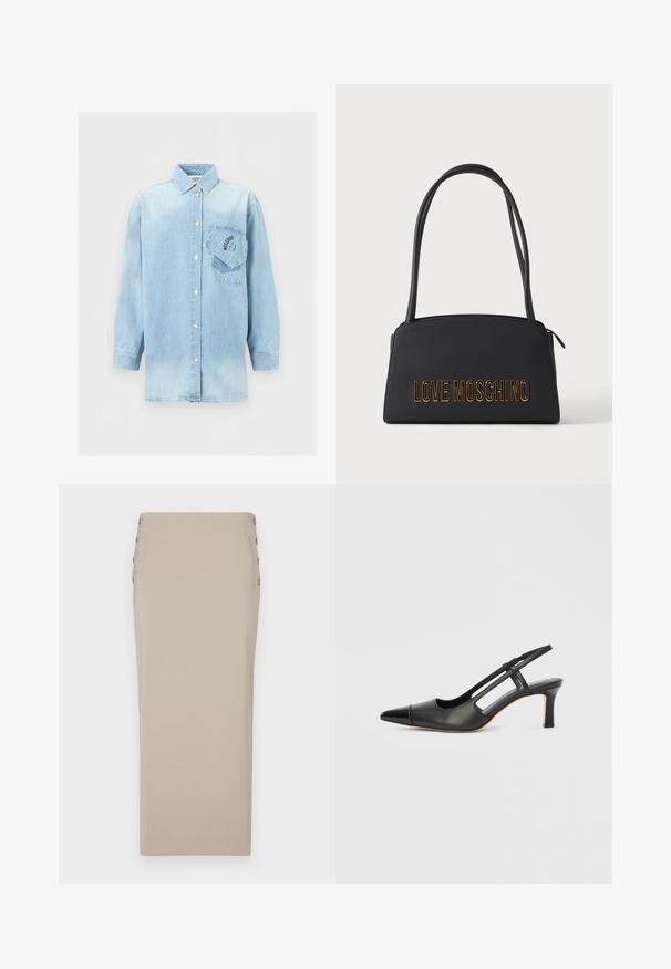 Camisa de manga larga de mezclilla azul claro con cierre de botones y dos bolsillos superpuestos en el pecho, uno de ellos en ángulo con texto de logo en negro.; Falda lápiz beige hecha de una tela suave, con botones laterales, una silueta estilizada y sin bolsillos ni patrones visibles.; Zapato slingback de cuero negro con punta afilada, con un acento brillante en la puntera y un tacón de altura media. Diseño con lateral abierto.; Bolso rectangular negro con dos asas finas y letras doradas "LOVE MOSCHINO" en el frente, sobre un fondo claro y liso.