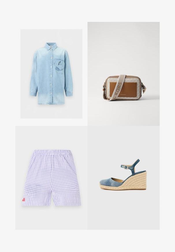 Chemise en denim bleu clair à manches longues avec fermeture à boutons et deux poches poitrine superposées, dont une inclinée avec un logo texte noir.; Short à carreaux violet et blanc avec taille élastique et petit texte rouge brodé sur la partie inférieure gauche de la jambe.; Sandale compensée en denim bleu avec bout arrondi, bride à la cheville et texture en corde sur le talon compensé. Détail accentué par une boucle.; Sac bandoulière marron et crème avec motif monogramme, panneau central lisse, logo doré et bandoulière logo réglable. Forme rectangulaire, fermeture éclair.