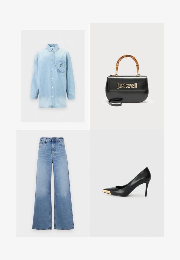 Hellblaues Jeanshemd mit langen Ärmeln, Knopfverschluss und zwei überlappenden Brusttaschen, eine schräg mit schwarzem Logotext.; Helle blaue weit geschnittene Jeans mit high waist, ausgestattet mit frontalen Taschen und Nahtdetails, die vertikal entlang der Beine verlaufen.; Schwarzer Leder-Pumps mit hohen Absätzen und spitzem Zehenbereich; verfügt über einen metallisch goldenen Akzent auf der Zehenkappe. Glatte Oberfläche mit einem eleganten Design.; Schwarze Lederhandtasche mit goldenem "Just Cavalli"-Logo auf der Vorderseite und gebogenem Bambusgriff, ausgestattet mit einem abnehmbaren langen Riemen.