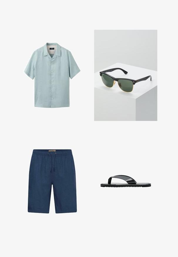 Chemise bleu clair à manches courtes avec boutons, col camp, cinq boutons visibles et une étiquette de marque MNG à l'intérieur de l'encolure.; Short de bain bleu marine en tissu léger, avec une taille élastique et un cordon de serrage, coupe droite.; Sandale tongs plates noires avec une large bride d’orteil et une semelle texturée, vue de profil sur fond blanc.; Lunettes de soleil Ray-Ban avec des verres verts, monture en plastique noir et accents dorés sur les bords. Forme carrée avec une finition mate.
