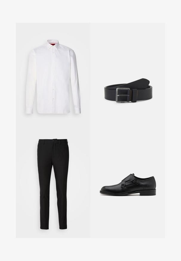 Camisa blanca de manga larga hecha de algodón, con un collar clásico, placket frontal con botones y una textura suave. Detalle interior del collar en rojo.; Pantalones negros de corte ajustado, con cierre de botón, cremallera y dos bolsillos frontales. Tejido suave con un acabado mate.; Zapato de vestir de cuero negro con doble hebilla, silueta elegante y punta redonda. Cuenta con un tacón bajo y una textura suave.; Cinturón de cuero negro con hebilla de plata con lettering de la marca, costuras en naranja y textura suave. Diseño clásico con un acabado elegante.