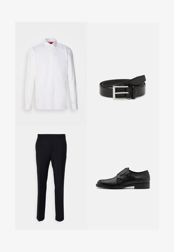 Camisa blanca de manga larga hecha de algodón, con un collar clásico, placket frontal con botones y una textura suave. Detalle interior del collar en rojo.; Pantalones negros confeccionados en tela tejida, con un corte ajustado, frente plano, bolsillos laterales y un diseño de pierna recta.; Zapato de vestir de cuero negro con doble hebilla, silueta elegante y punta redonda. Cuenta con un tacón bajo y una textura suave.; Cinturón de cuero negro con un acabado brillante; cuenta con una hebilla de metal plateado con un diseño de marco rectangular y bordes suaves.