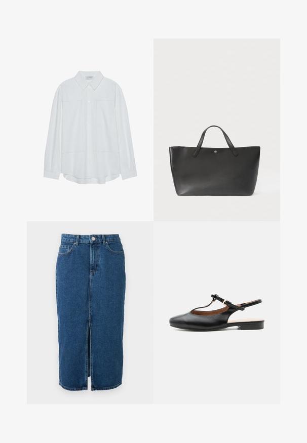 Weißes langärmliges Hemd mit Knopfleiste aus glattem Stoff, mit klassischem Kragen, zwei vorderen Taschen und geschliffenen Manschetten.; Midilanger blauer Denimrock mit mittigem Frontschlitz, Gürtelschlaufen, Vordertaschen und Knopfverschluss in der Taille.; Schwarzer flacher Lederslingback-Schuh mit T-Riemen und goldener Schnalle auf neutralem Hintergrund.; Schwarze Leder-Umhängetasche mit zwei Henkeln, minimalistisches Design, glatte Textur, mit einem kleinen metallischen Akzent in der Mitte der Vorderseite.
