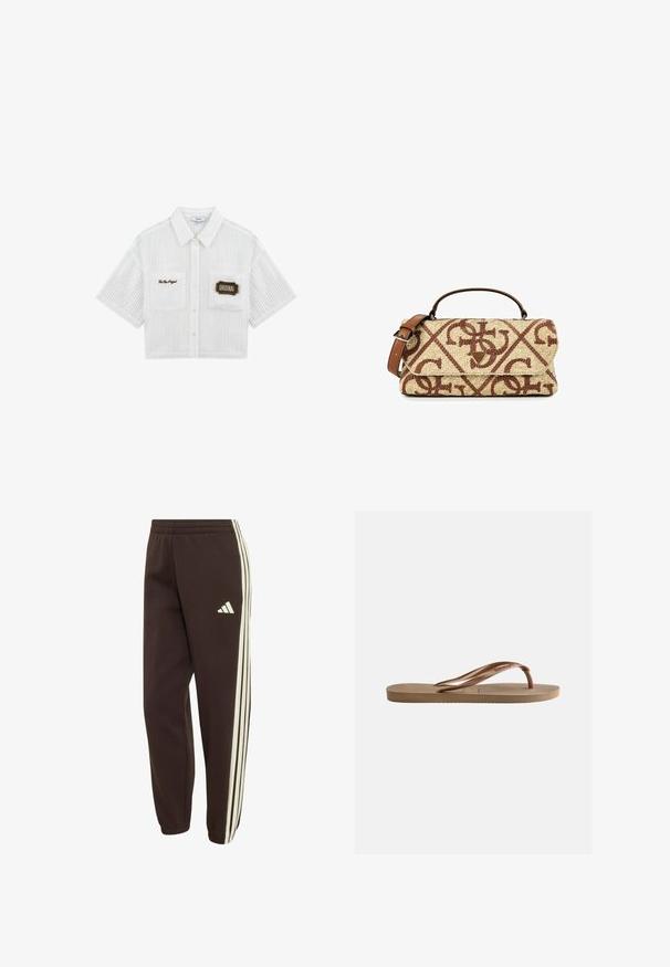 Camisa blanca recortada con textura de canalé vertical, mangas cortas, cierre de botones, dos bolsillos delanteros y parches bordados en marrón.; Pantalones de chándal Adidas de color marrón oscuro con cintura elástica, franjas laterales blancas y logo de Adidas en la parte superior del muslo izquierdo.; Chancla de goma marrón con suela texturizada y tiras en forma de V con la marca, sobre un fondo claro y liso.; Bolso de mano tejido beige con asa y correa de cuero marrón, y patrones geométricos y de logotipo marrones en la solapa frontal.